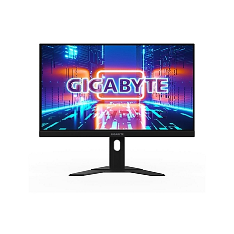 Schwarzer Monitor mit Logo "GIGABYTE" auf leuchtendem Hintergrund, umgeben von blauen und orangenen Farbtönen.