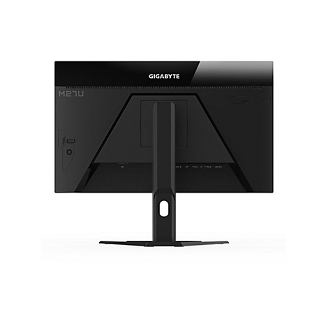 Rückseite eines schwarzen Monitors mit Standfuß. Oben steht "GIGABYTE", darunter "M27U". Anschlüsse: HDMI, USB-C, USB 3.0.