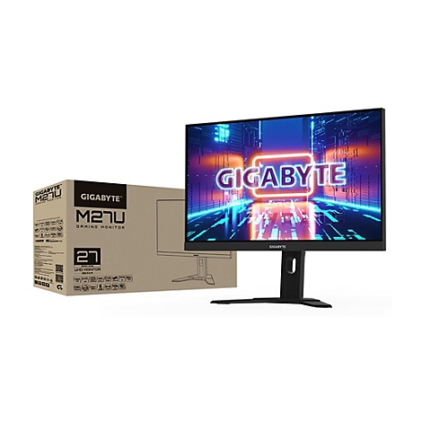 Ein schwarzer Gaming-Monitor von Gigabyte, daneben die Verpackung, beide vor weißem Hintergrund.