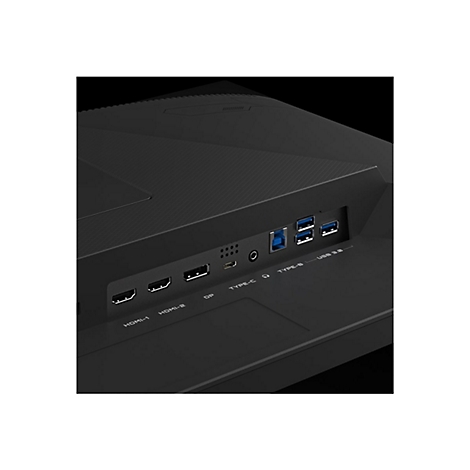 Nahaufnahme der Rückseite eines schwarzen Monitors mit Anschlüssen: HDMI, DP, USB-C, USB-B und USB 3.0.