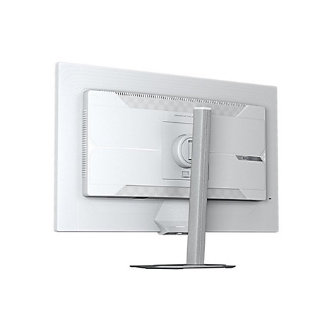 Rückansicht eines weißen Monitors mit silbernem Ständer, Logo "GIGABYTE".