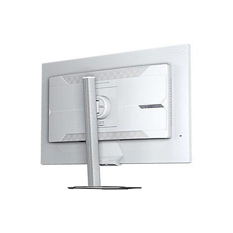 Rückseite eines weißen Monitors mit Standfuß. Schriftzug "GIGABYTE" und "DOMINATING THE GAME" sichtbar.