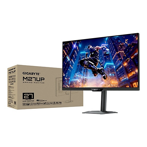 Gigabyte M27UP Gaming-Monitor mit schmalem Rahmen und Gaming-Grafik auf dem Display, davor der zugehörige Produktkarton.