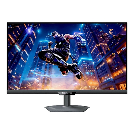 Gigabyte Gaming-Monitor mit schmalem Rahmen und Standfuß zeigt eine futuristische Stadtlandschaft mit einem Kämpfer.