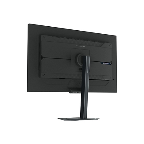 Rückansicht eines schwarzen Gigabyte Gaming-Monitors mit Standfuß vor weißem Hintergrund.