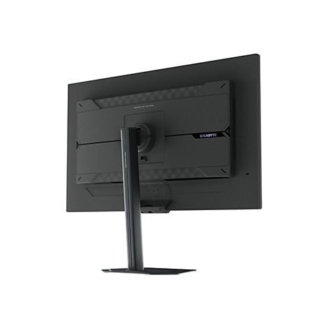 Rückseite eines schwarzen Gigabyte Gaming-Monitors mit Standfuß vor weißem Hintergrund.