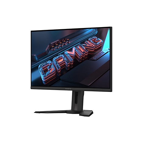 Ein Gaming Monitor mit einem schwarzen Rahmen, auf dem das Wort "GAMING" in 3D-Optik leuchtet. Der Monitor steht auf einem schwarzen Fuß.