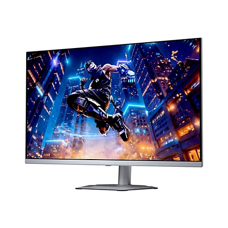 Gigabyte Gaming-Monitor mit futuristischem Cyberpunk-Spielhintergrund auf einem Ständer.