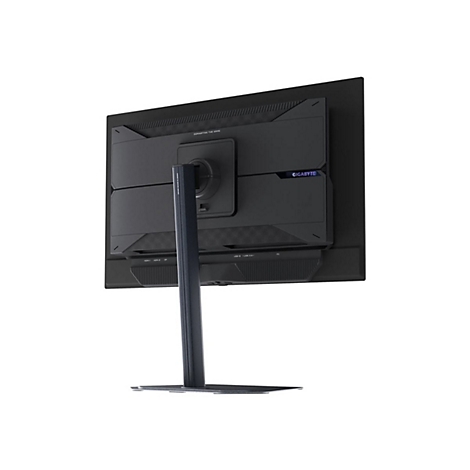 Rückansicht eines schwarzen Gigabyte Gaming-Monitors auf einem schlanken Standfuß vor weißem Hintergrund.