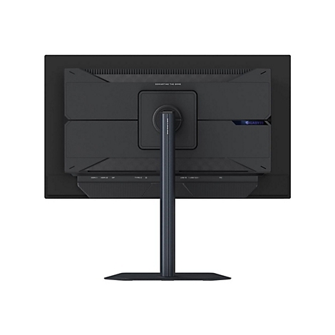 Rückansicht eines schwarzen Gigabyte Gaming-Monitors auf einem Standfuß mit gut sichtbaren Anschlüssen.