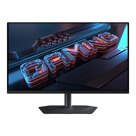 Gigabyte Gaming-Monitor mit dünnem Rahmen auf schwarzem Standfuß vor futuristischem Cyberpunk-Hintergrund.
