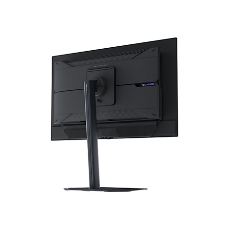 Moniteur noir vu de dos, pied, logo 'GIGABYTE' et texte 'CONQUER THE GAME'.