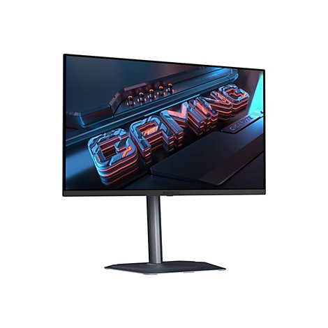 Un moniteur de jeu avec un logo Gaming lumineux. L'écran est encadré par un cadre noir, en dessous un support gris.