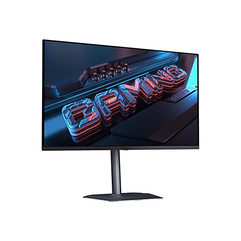 Ein Gaming-Monitor mit leuchtenden roten und blauen Akzenten, die das Wort GAMING formen. Der Monitor hat einen schwarzen Rahmen und einen Standfuß.