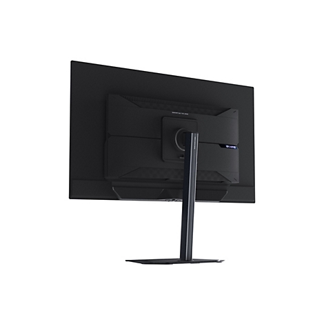 Rückansicht eines schwarzen Gaming-Monitors auf weißem Hintergrund. Der Monitor ist mit einem Standfuß verbunden und trägt das Logo 'GIGABYTE'.