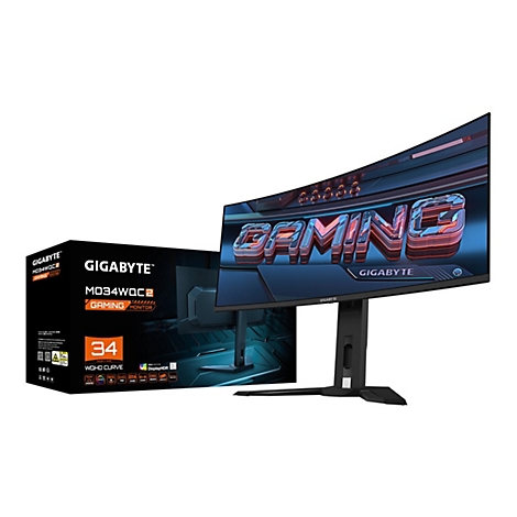 Gigabyte MO34WQC2 Gaming Monitor mit gebogenem Bildschirm neben seiner schwarzen Produktverpackung.