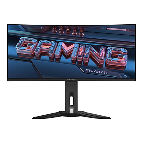 Schwarzer Gaming-Monitor mit blauem Hintergrund. Großes Wort 'GAMING'. Markenname 'GIGABYTE'.