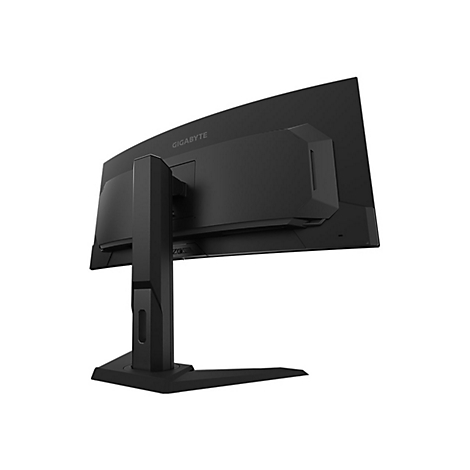 Rückansicht eines schwarzen Gigabyte Gaming-Monitors auf einem Standfuß vor weißem Hintergrund.