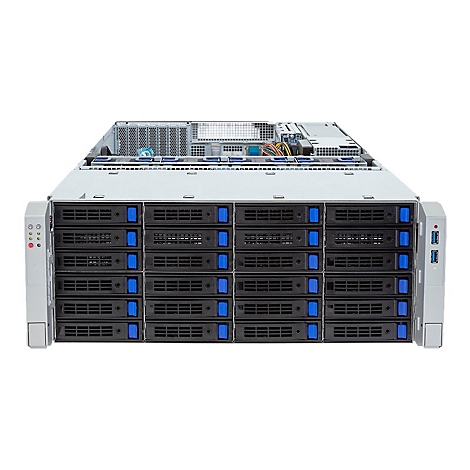 Rackmount Server mit 24 Festplatteneinschüben und blau-schwarzer Frontblende vor weißem Hintergrund.