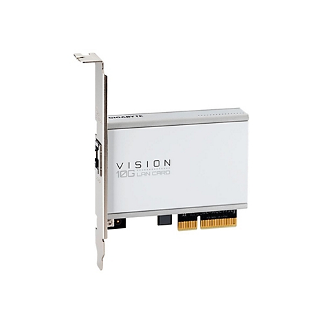 Weiße Gigabyte Vision 10G LAN-Karte für PCIe-Steckplätze mit silberner Blende vor weißem Hintergrund.