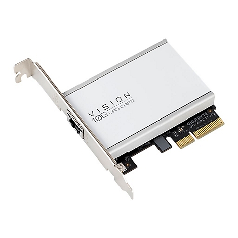 GIGABYTE VISION 10G LAN-Karte auf schwarzer Platine mit silbernem Kühlkörper vor weißem Hintergrund.