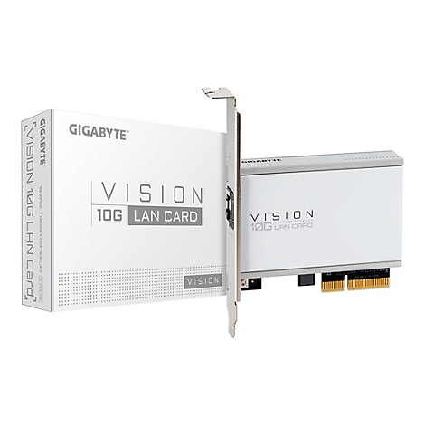 Gigabyte Vision 10G LAN-Karte vor ihrer Produktverpackung auf weißem Hintergrund.