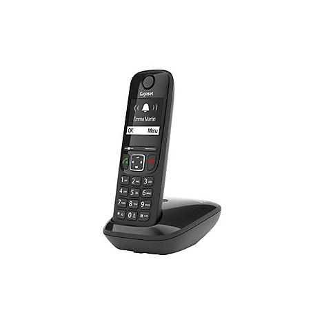 Schwarzes Gigaset-Schnurlostelefon in Ladestation. Auf dem Display: Anruf von Emma Martin.