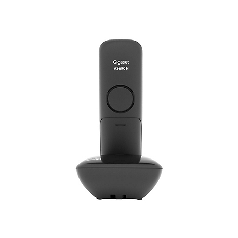 Schwarzes schnurloses Telefon, stehend auf seiner Ladestation, mit der Aufschrift Gigaset A5690H.