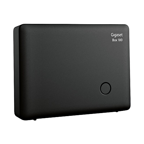 Schwarze Gigaset Box 100 mit rundem Knopf unten rechts. Schriftzug: Gigaset Box 100.