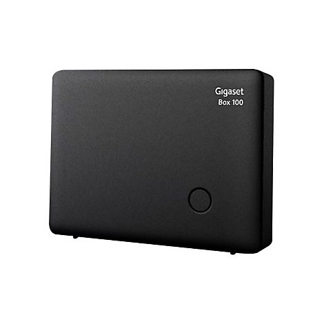 Schwarze Gigaset Box 100. Rechteckige Form, abgerundete Ecken, kreisrunder Knopf unten rechts.