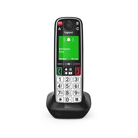 Gigaset Seniorentelefon mit großen Tasten und leuchtgrünem Display auf der Ladestation.