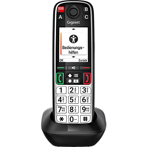 Gigaset Senioren-Telefon in schwarzer Ladestation mit großem Display und Tasten für einfache Bedienung.