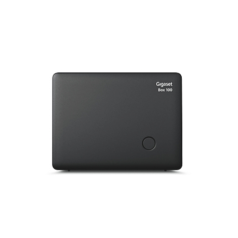 Schwarze Gigaset Box 100 Basisstation auf weißem Hintergrund mit Firmenlogo oben rechts.