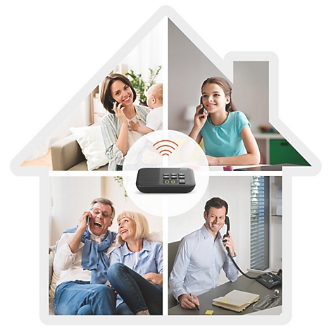 Vier Bilder in Hausform zeigen verschiedene Personen, die mit einem zentral platzierten schnurlosen Telefon telefonieren.