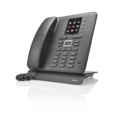 Schwarzes Gigaset Tischtelefon mit Display und Ziffernblock vor neutralem Hintergrund.