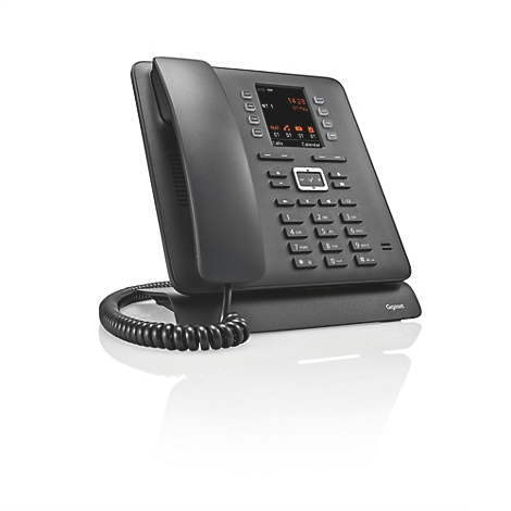 Schwarzes Gigaset IP-Telefon mit Hörer und Display vor neutralem Hintergrund.