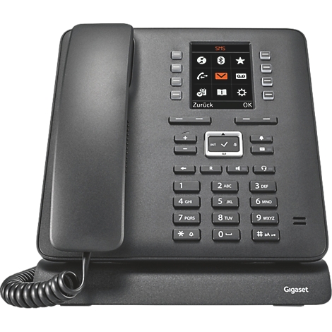 Schwarzes Gigaset Tischtelefon mit Display, Tastenfeld und Hörer auf der linken Seite.