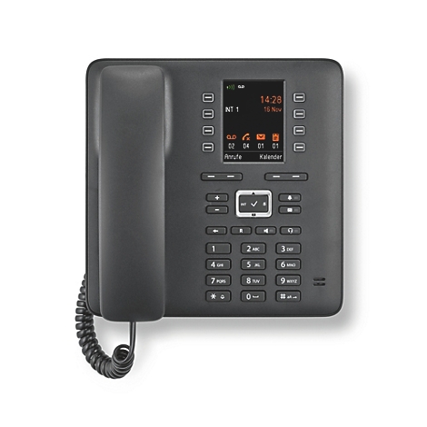 Schwarzes Bürotelefon mit Display, Zifferntasten, Funktionstasten und Hörer, isoliert auf weißem Hintergrund.
