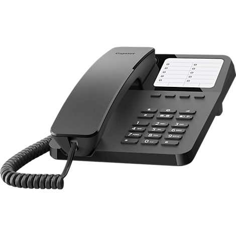 Téléphone de bureau noir, clavier et combiné sont reconnaissables.