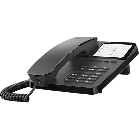Un téléphone de bureau noir avec combiné, clavier et écran. Le cordon spiralé est connecté.