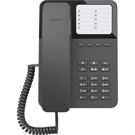Un téléphone Gigaset gris avec un écran et un clavier. L'écran affiche plusieurs champs vides.