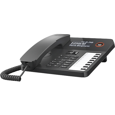 Téléphone noir avec écran, boutons et combiné.