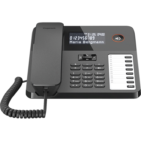 Téléphone fixe noir avec écran éclairé affichant la date, l'heure et le nom.