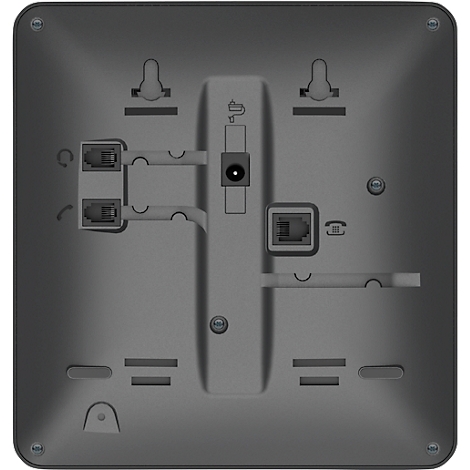 Combiné téléphonique gris avec connecteurs, prises et dispositifs de montage.