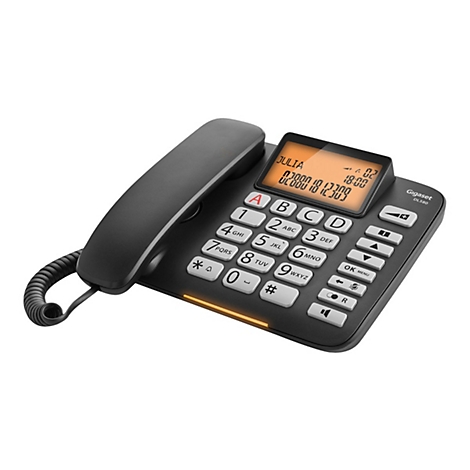 Schwarzes Festnetztelefon mit Display, Tastatur und Hörer. Auf dem Display steht "JULIA", eine Nummer und die Uhrzeit.
