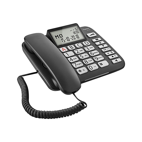 Schwarzes Festnetztelefon mit Tasten und Display. Datum 15.10.2018, Uhrzeit 18:00. Telefonhörer verbunden durch Spiralkabel.