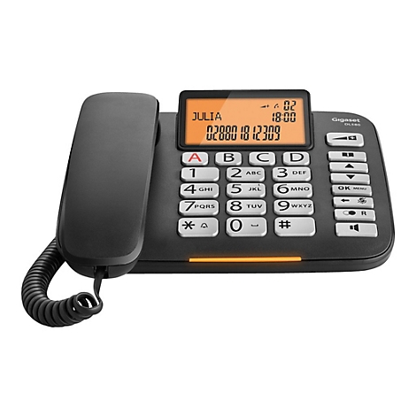 Schwarzes Gigaset-Telefon mit Display und Zifferntasten, Anzeige "JULIA" und Telefonnummer.