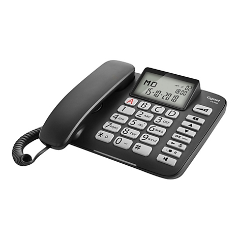 Schwarzes Gigaset-Telefon, Display mit Datum und Uhrzeit, Tasten mit Buchstaben und Ziffern.