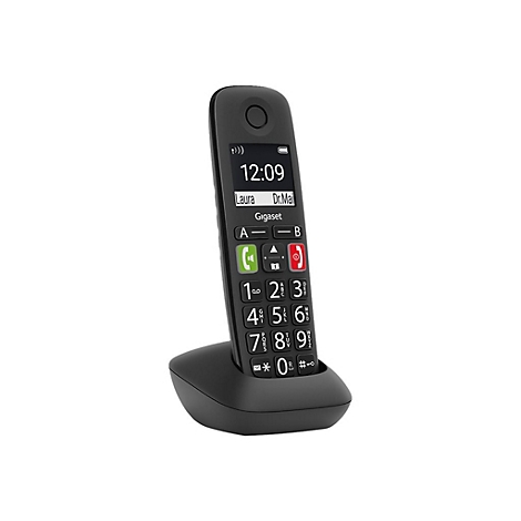 Ein schwarzes Schnurlostelefon auf einer Ladestation. Display mit Uhrzeit und Kontaktnamen. Auf der Tastatur Ziffern, Rufannahme- und Beendetaste.