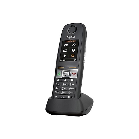 Schnurloses Telefon, schwarz. Display mit Menü, Tastenfeld mit Ziffern. Telefon steht in Ladestation.